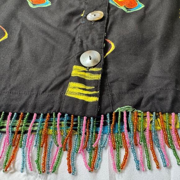 Vintage ‘90s Paradiso Tropical Print Beaded Fringe Hem Button Down Blouse - Picture 7 of 9